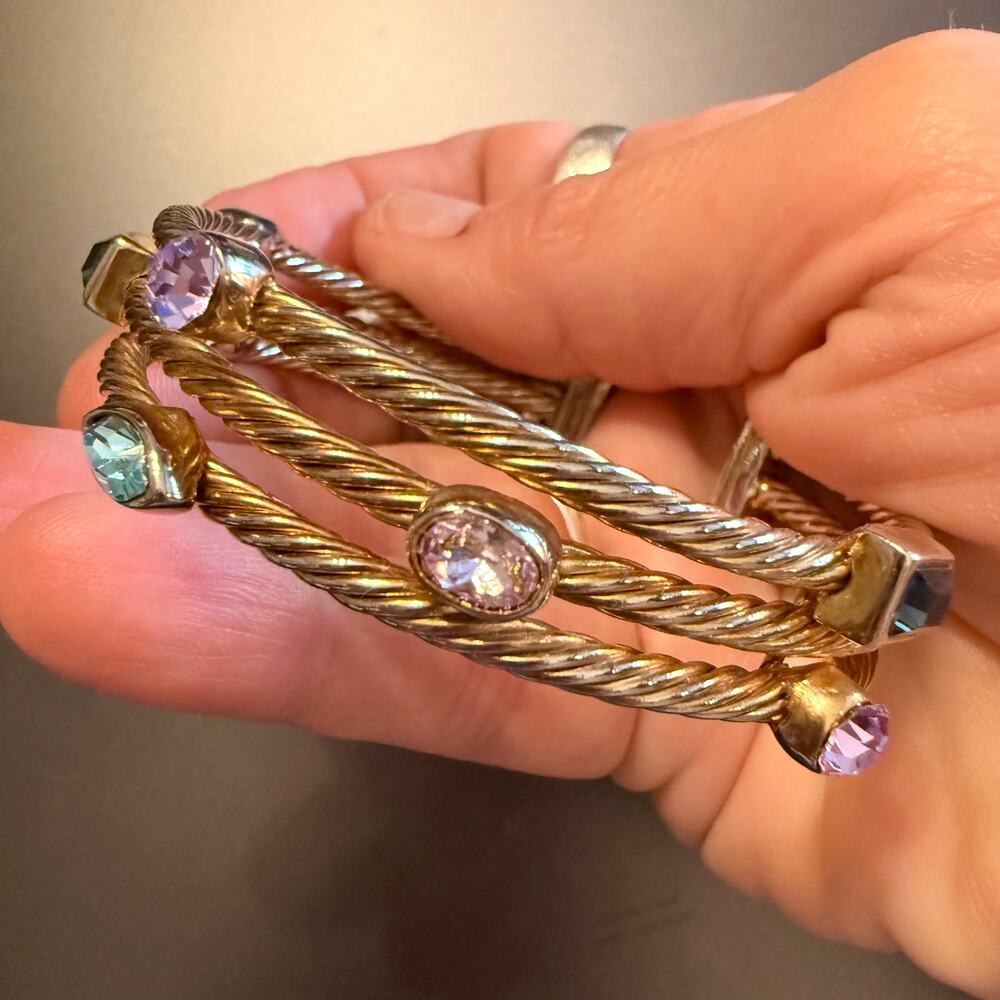 Vintage Gold Tone Crystal Triple Twisted Cable Cuff Bracelet